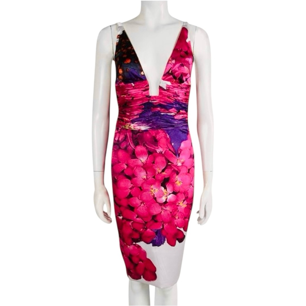 ROBERTO CAVALLI 2000s Silk Strappy Magenta Floral Cocktail Midi Dress 46 Large